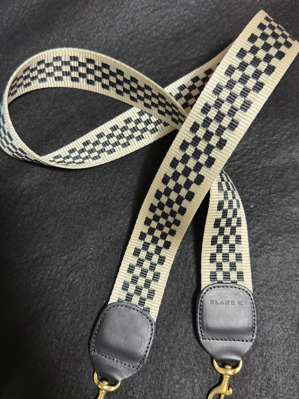 Clare V Cream and Black Checkerboard Woven Detachable Strap with Leather Ends
